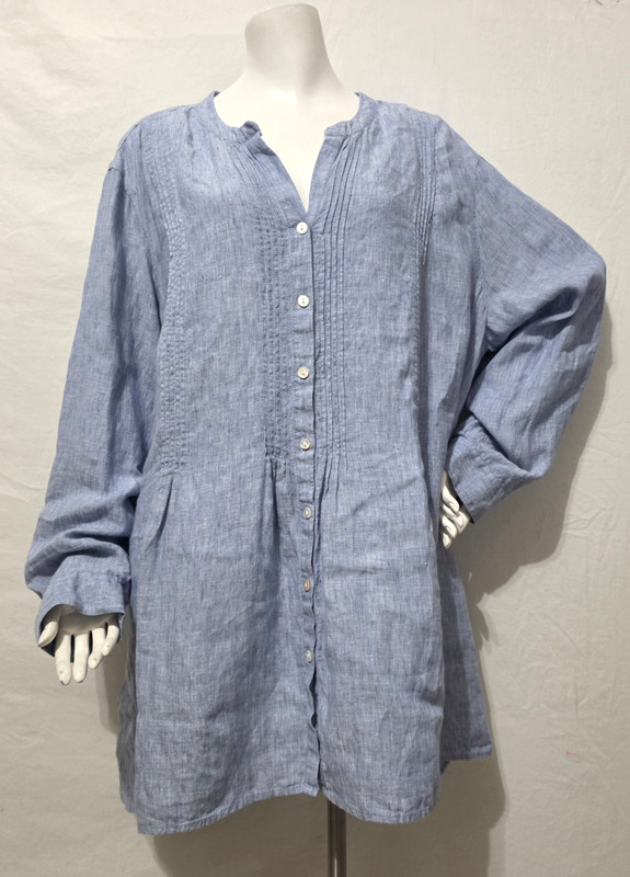 J. Jill 3X Shirt Blouse Button Up Lighter Blue Linen Pleats Roll Tab Sleeves