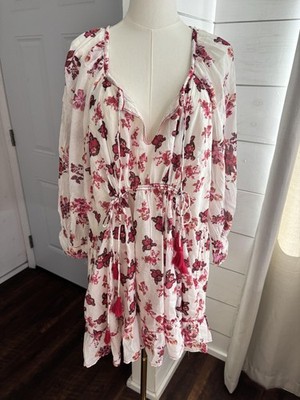 Free People Dress Womens Medium White Floral V Neck Tassel Boho Swing Mini