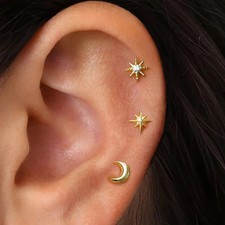 3 Pc Stainless Steel Star Moon Stud Earrings Women Daily Classic Jewelry