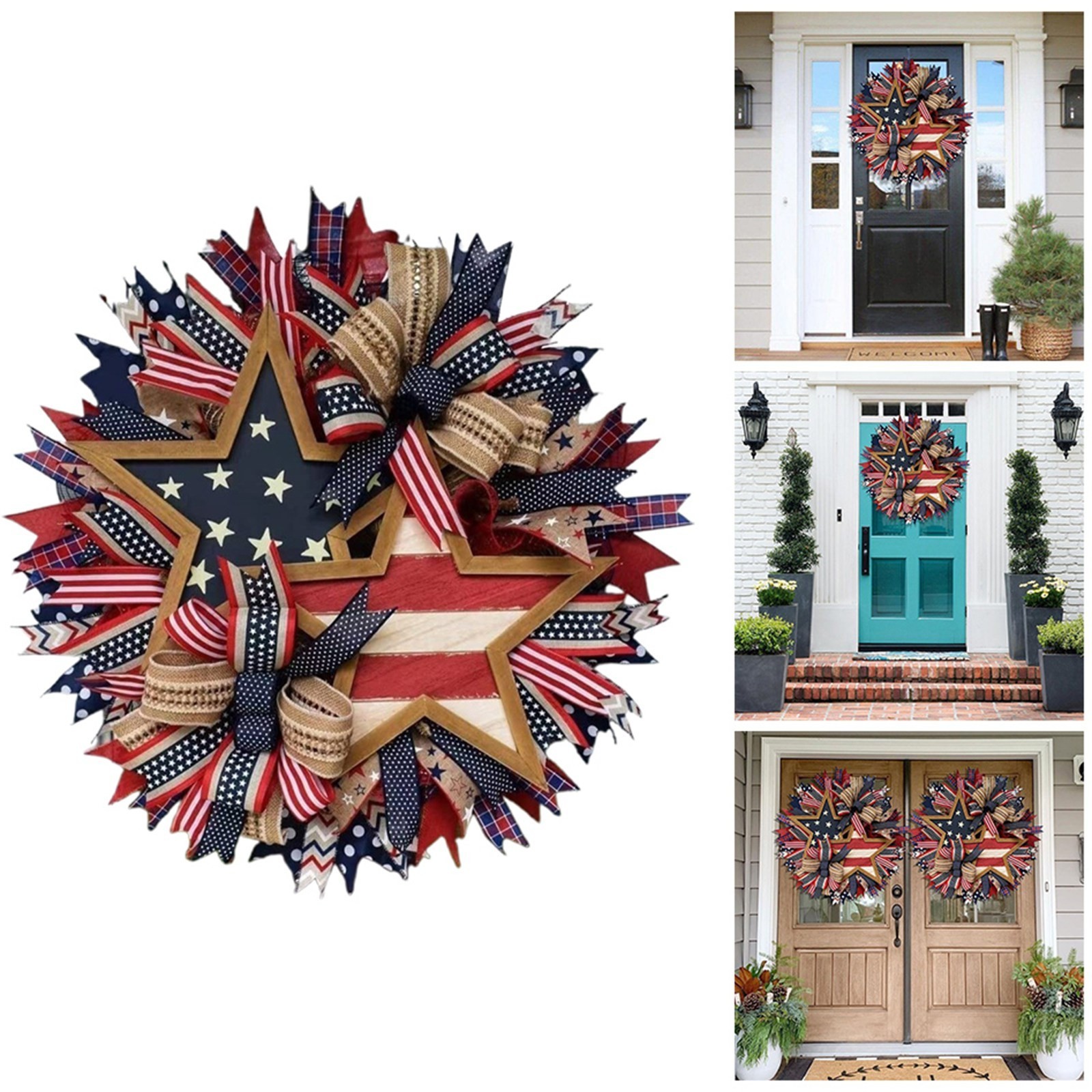 Patriotic Wreath For Home Independence Day Wooden Star Wreath Wall Hanging