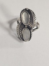 1" Long Mother Of Pearl Sterling Silver 925 Southwest Design Ring Feather Size 7