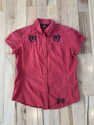 Harley Davidson WOMEN'S Blouse Medium Paprika Embroidered Queen Of Hearts Crown