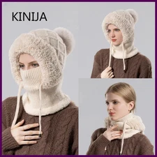 Women Winter Velvet Knitted Woolen Balaclava Hat Ear Protection fluffy Hat Mask