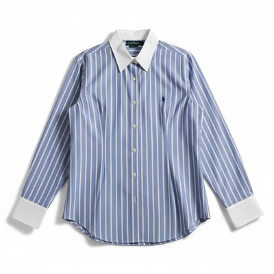 Vintage Lauren By Ralph Lauren Women s Button Down Blue Strip w/Dark Logo