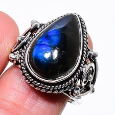 Natural Labradorite Gemstone 925 Sterling Silver Jewelry Ring Size 7.75 US