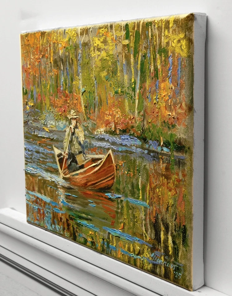 Hand Painted Oil Painting Landscape Man On Canoe Fall 8x10" stretched canvas COA - Image 2 of 4