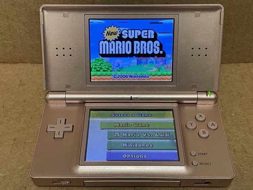 Nintendo DS Lite Nintendogs Rose Gold Pink Paw Print Console & Super Mario Bros