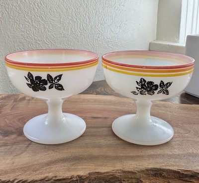 Hazel Atlas Platonite Milk Glass Sherbet Cups Black Floral Footed Set 2