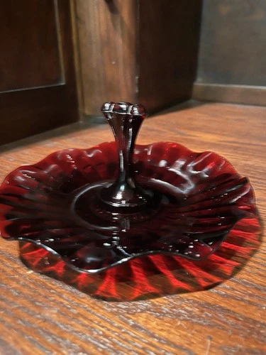 Vintage Anchor Hocking Glass Tidbit Tray Royal Ruby Red Center Handled Plate