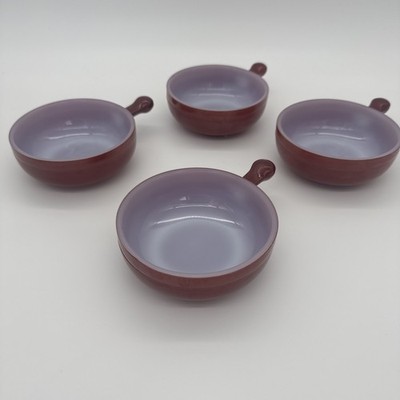 Set Of 4 Glasbake Burgundy Milk Glass Cereal Bowls J-2057 Handled VTG