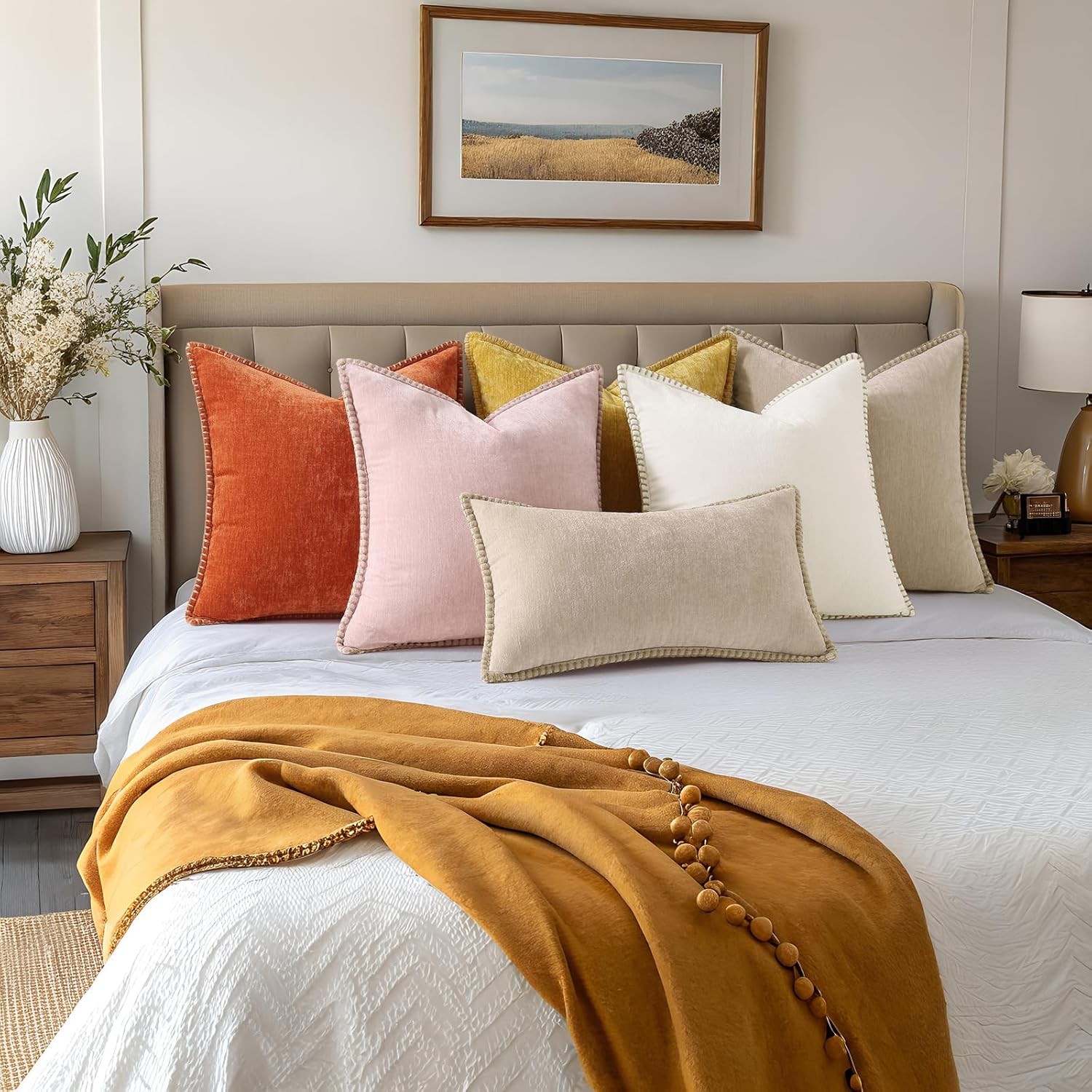 decorUhome Chenille Soft Throw Pillow Covers 18x18 Set of 2, Farmhouse Beige 