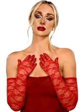 Long Lace Gloves Tea Party Gloves Elegant Stretchy Floral Lace Standard Red