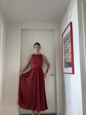 Massimo Dutti Red Pleated Sleeveless Midi A-Line Dress Round Neck