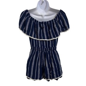 Lulus Navy White Embroidered Off Shoulder Ruffle Romper Boho Coastal Size Medium