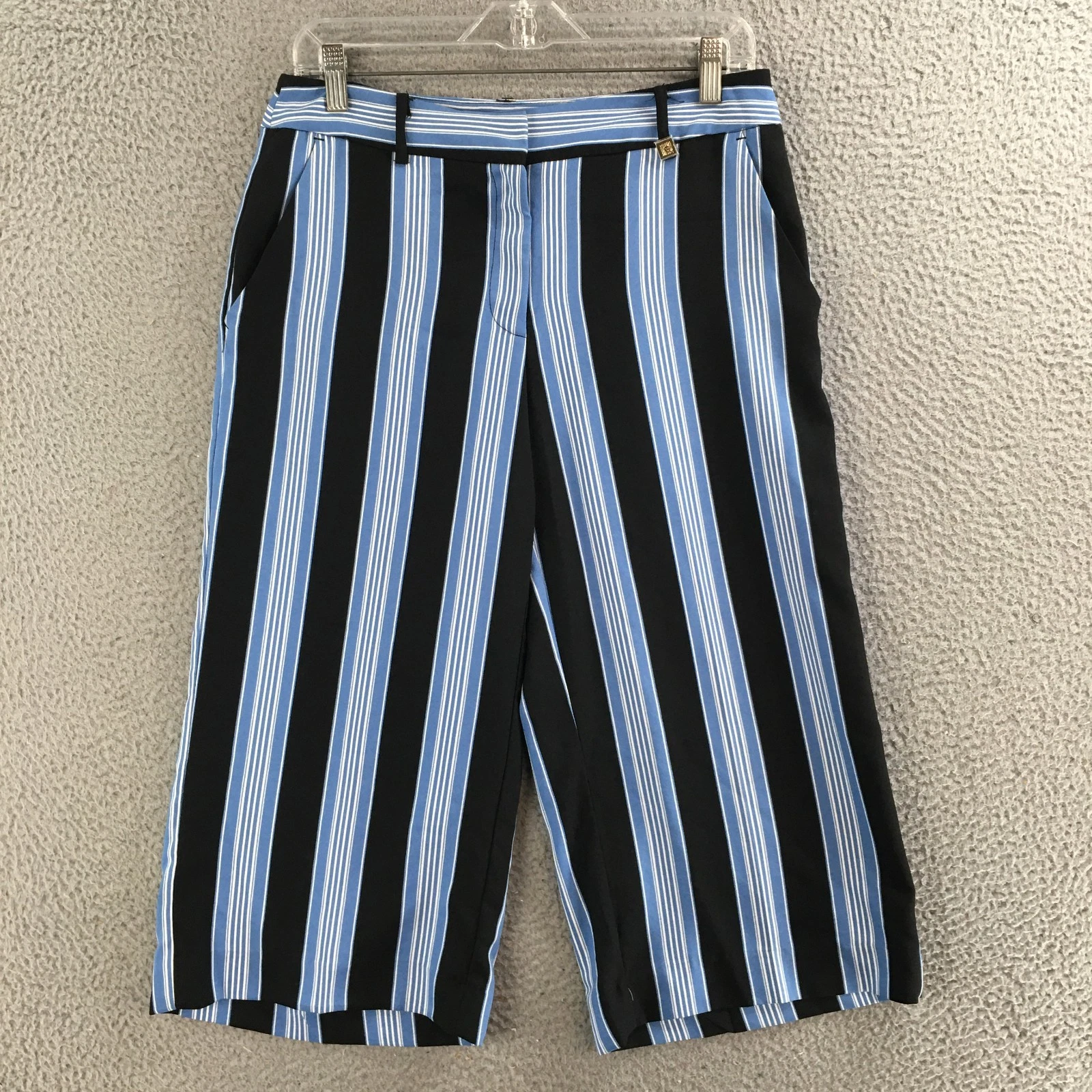 Anne Klein Culotte Pants Womens 6 Petite Wide Leg Casual Striped Blue & Black