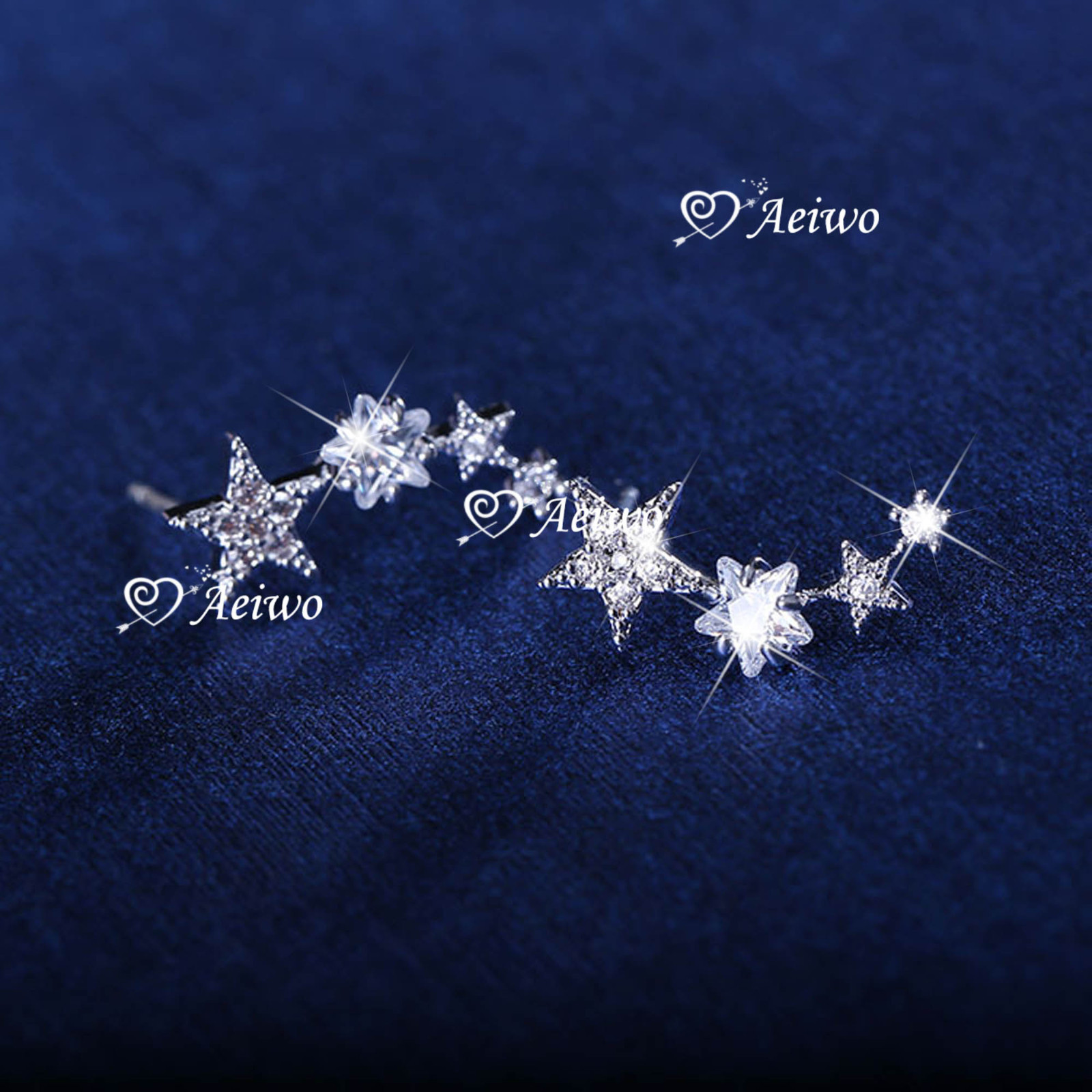 925 SILVER CLEAR CRYSTAL Unbalanced irregularity star stud ear climbers