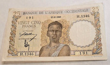 AFRICA OCCIDENTALE FRANCESE ,antica Banconota 25 FRANCHI Afrique 17-8-1943 -qspl