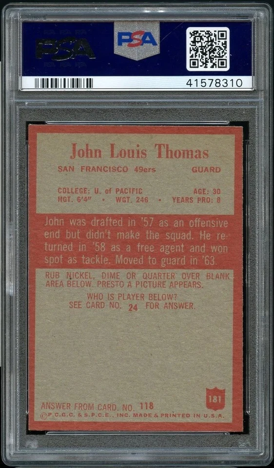1965 Philadelphia FB Card #181 John Lewis Thomas San Francisco 49ers PSA NM-MT 8 - Image 2 of 2