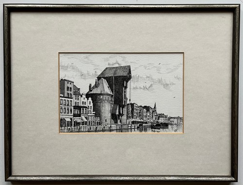 Federzeichnung Ostseehafen Danzig Polen Gdansk 1990 Monogramm gerahmt - Bild 2 von 12