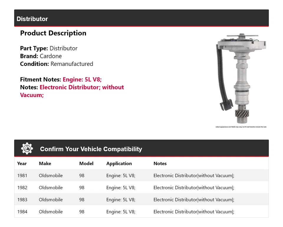 Para Oldsmobile 98 1981-1984 5L V8 distribuidor Cardone 1982 1983 Foto 2 de 4