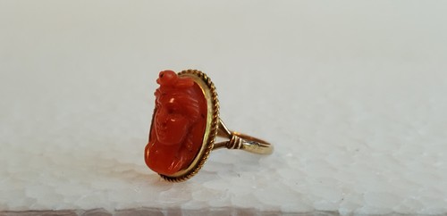Antique Early Classical Carved Red Sardinian Coral Cameo Ring High Relief 14K  - Picture 9 of 11