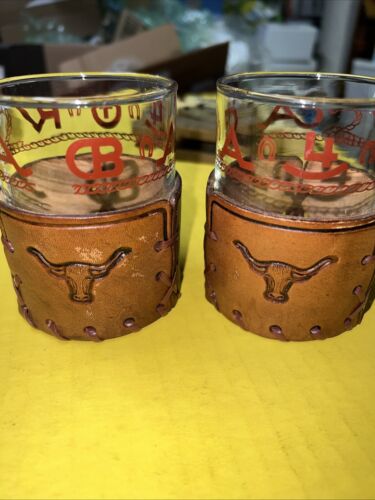 Vintage Bamco Western Cattle Whiskey Glass Leather Holder 2 And Free Shot Glass - Picture 2 of 15