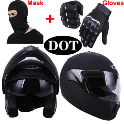 DOT Helmet Flip Up Full Face Dual Visor Racing Helmet Crash Helmet / Gloves+Mask
