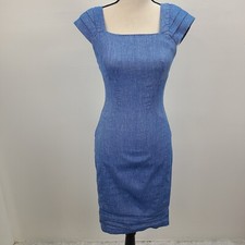 Asos Linen Dress Women 8 Blue Zip Knee Length Square Neck Short Sleeve