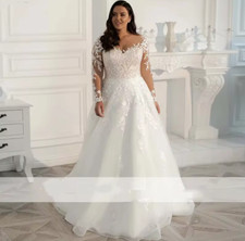 Plus Size Wedding Dresses Long Sleeves Lace Bride Dress Applique Sweep Train