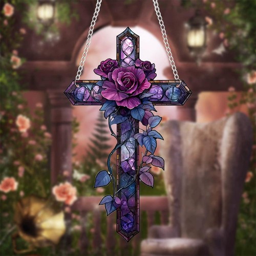 Purple Rose Cross Suncatcher Hanging Decor,Flat Stained Acrylic Suncatcher - Picture 3 of 10