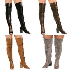 Womens Over The Knee Boots Ladies Laces Zip Up Thigh High Block High Heels Shoes