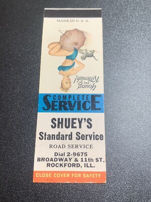 Vintage Girlie Matchbook  Shuey s Standard Service  Rockford, Illinois Pinup