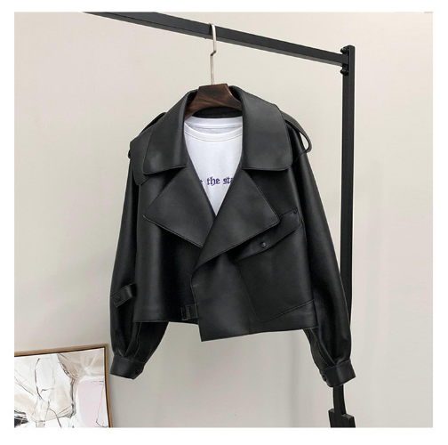 Spring Women Short Faux Leather Jacket Single Button Moto