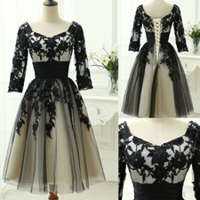 Black And Champagne Short Wedding Dresses With Sleeves Lace Tea Length Plus Size
