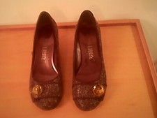 Sam Libby brown pump heels textured fabric uppers leather soles 7M 2" heel