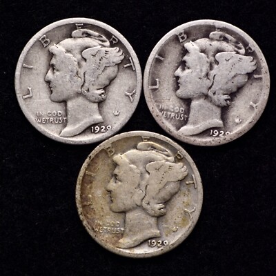 1929 P D S (3 PIECE LOT) Mercury Silver Dime AG / ABOUT GOOD FREE SHIPPING 
