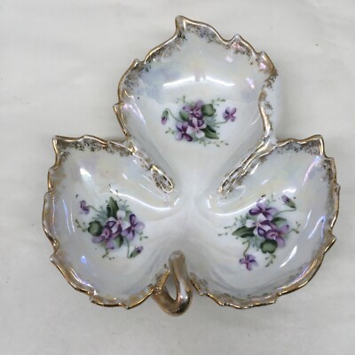 Vintage Gold Trim Leaf Shape w/ Purple Flower design Divided Candy Trinket Dish