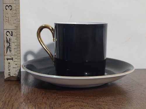 Victoria Czechoslovakia Demitasse Set Cup Saucer Porcelain Black Gold Rim Floral - Picture 12 of 12