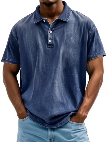 New Men's Polo Shirts Short Sleeve Distressed Washed Cotton T-Shirts - Picture 18 of 34
