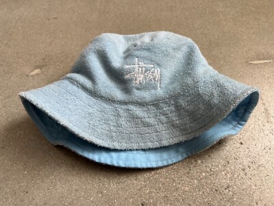 STUSSY VTG Unisex baby blue reversible terry cloth bucket