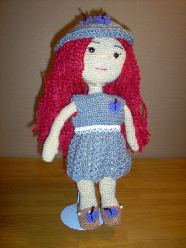 Hand crochet doll with red hair and 3 outfits. 17" tall      #31