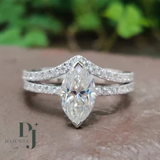 Moissanite Bridal Set Engagement Ring Solid 14K White Gold 2.50 CT Marquise Cut