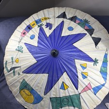 Vintage Hand Painted Paper Parasol Umbrella Signed Buffalo 2001 Asian
