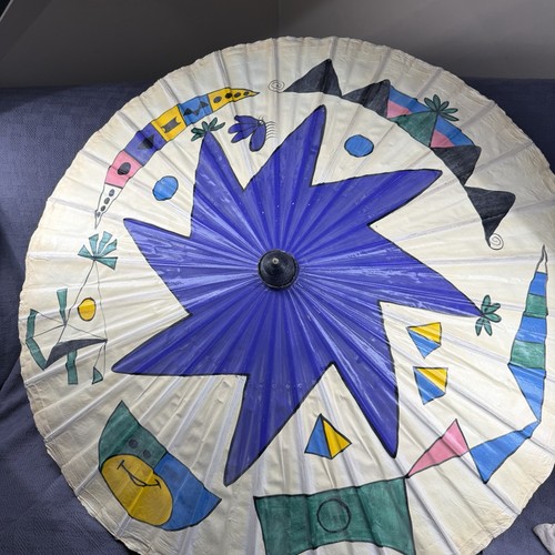 Vintage Hand Painted Paper Parasol Umbrella Signed Buffalo 2001 Asian