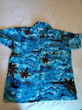 Vtg Romani Collection Hawaiian Shirt Mens XL Blue Wave 70s Polyester