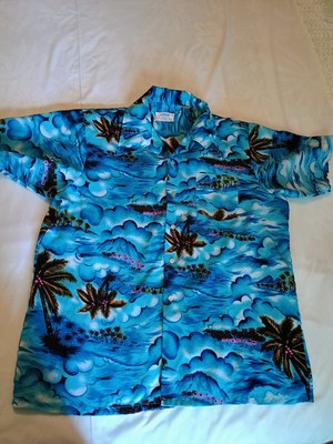 Vtg Romani Collection Hawaiian Shirt Mens XL Blue Wave 70s Polyester