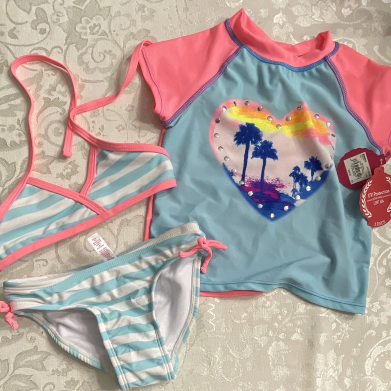 SO Girls 3 Piece Swim Set size 4 Heart Palm Tree UV Protection Pink Blue White