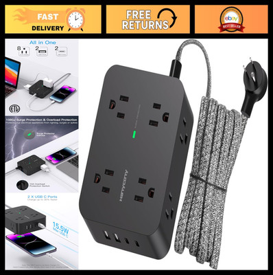 Surge Protector Power Strip with 8 Outlets & 4 USB Ports (2 USB-C), 5ft Cord, Wa