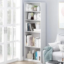 Wood 5-Shelf Bookcase 5-Tier Adjustable Storage Shelving Book Bookshelf White