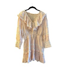 LoveShackFancy Deacon Eyelet-Trim Puff Sleeve Ruffle Linen Mini Dress Size M